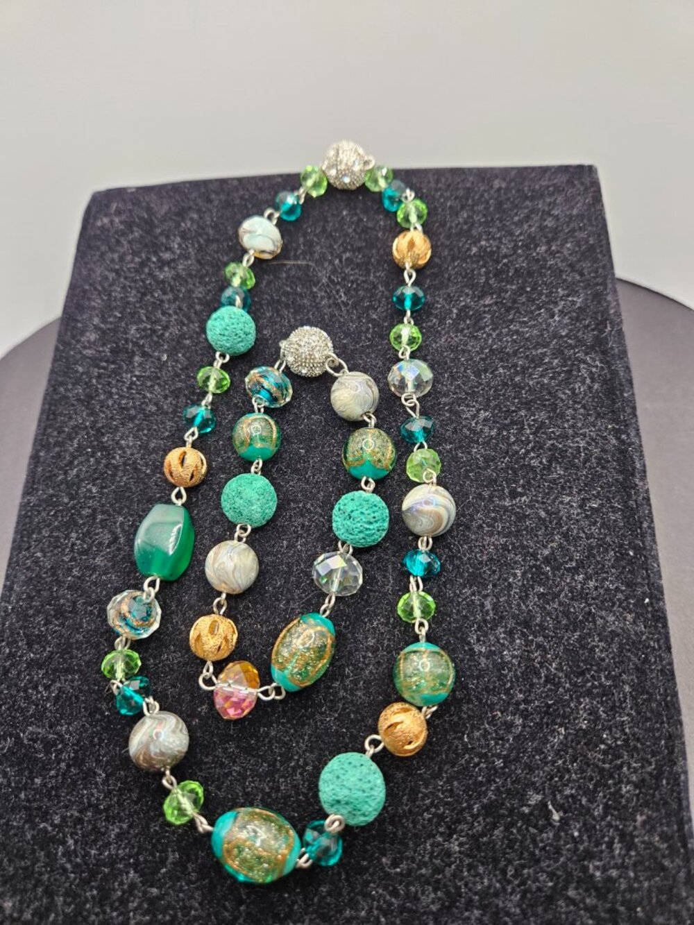 Vintage Green Gemstone & Crystal Bead Necklace & Bracelet Set 16" / 7" Boho